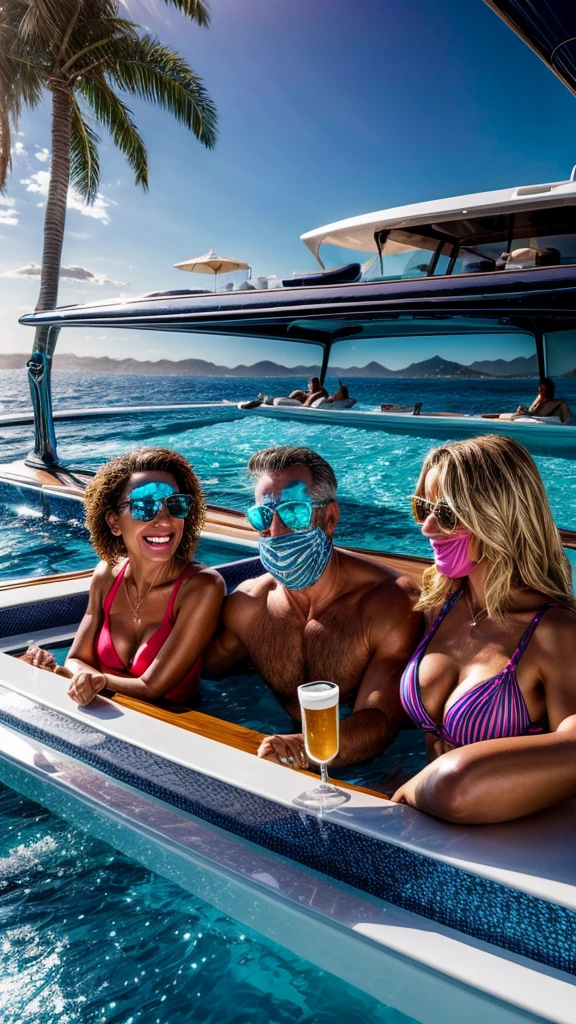 a happy middle-aged man surrounded by beautiful women at a luxurious yacht pool , drinking beer, ultra-detailed, 8k, photorealistic, high quality, dramatic lighting, vibrant colors, cinematic composition, serene ocean background, yachts in the background, lively atmosphere