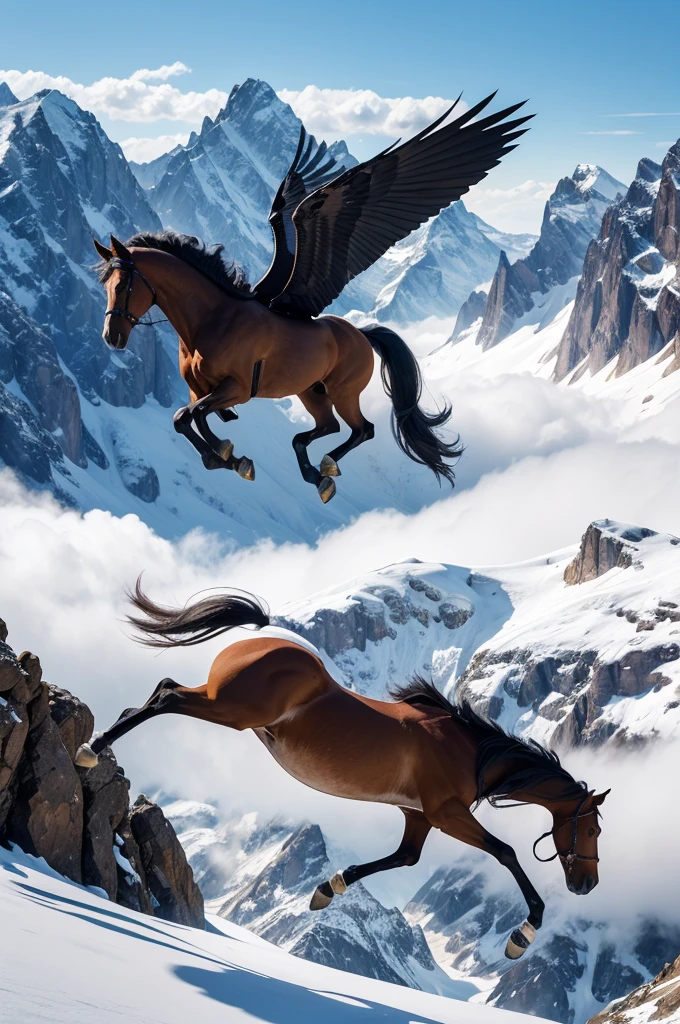Horse with wings flying over mountains