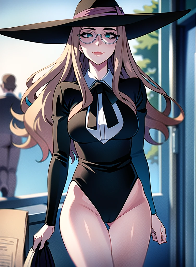 Masterpiece, Best Quality, ultra detailed, illustration,
(1 girl), Alone, Beautiful detailed eyes, cowboy shot ,sharp focus, bright Eyes, detailed eyes 4k, reflection in the eyes,
silvia sherwood, Expressionless, green eyes, black hats, has, glasses, leotard black, bare legs towards the viewer
(cheeky smile,:0.9),
looking at the viewer, model shoot style, (fcDetalleRetrato:0.8), [simple background:beautiful landscape:0.2], Walking in the forest, Backwards
