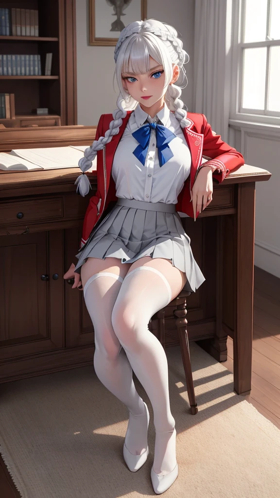 "1girl, incredibly detailed 8k cg, flawless model, mesmerizing idol, stunning face, ethereal beauty, pristine white hair, ring braids, captivating blue eyes, Kakegurui , redblazer, white shirt, pleated grey skirt, brown pantyhose, sat on desk , full body, open legs