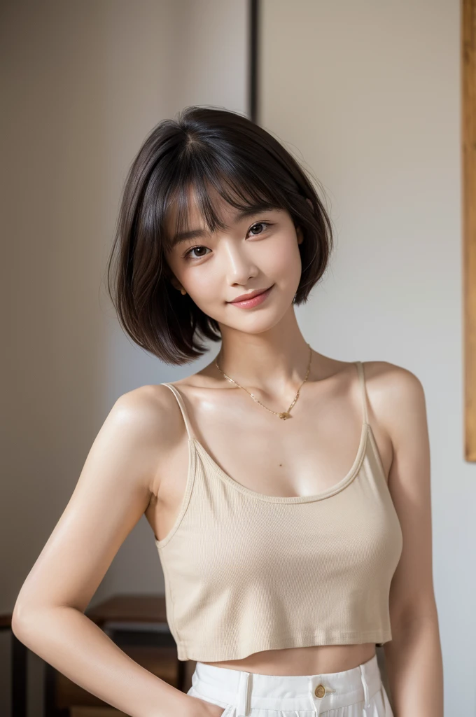 (Highest quality, 8K, masterpiece: 1.3)), concentrated: 1.2, Perfect Body Beauty: 1.4, ((Layered Haircut,Small breasts: 1.2)), (Creperie:1.3), (Tank top,Wide-leg trousers : 1.3) ,valley, A shy smile,Highly detailed face and skin texture, Simple Necklace, (Beautiful, clear black eyes:1.3), double eyelid ,White skin, medium brown color bob hair, golden ratio, (shut up: 1.3),