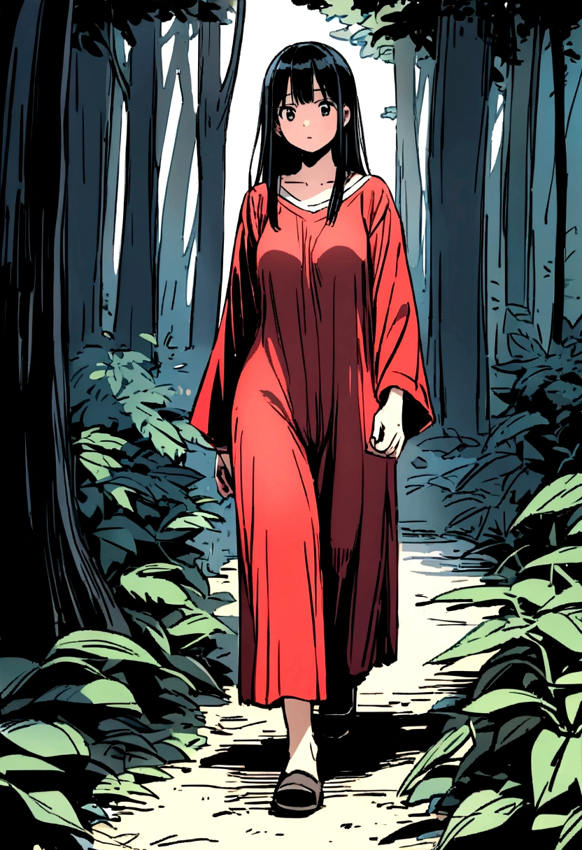 Normal straight-haired girl in home clothes walking through a forest