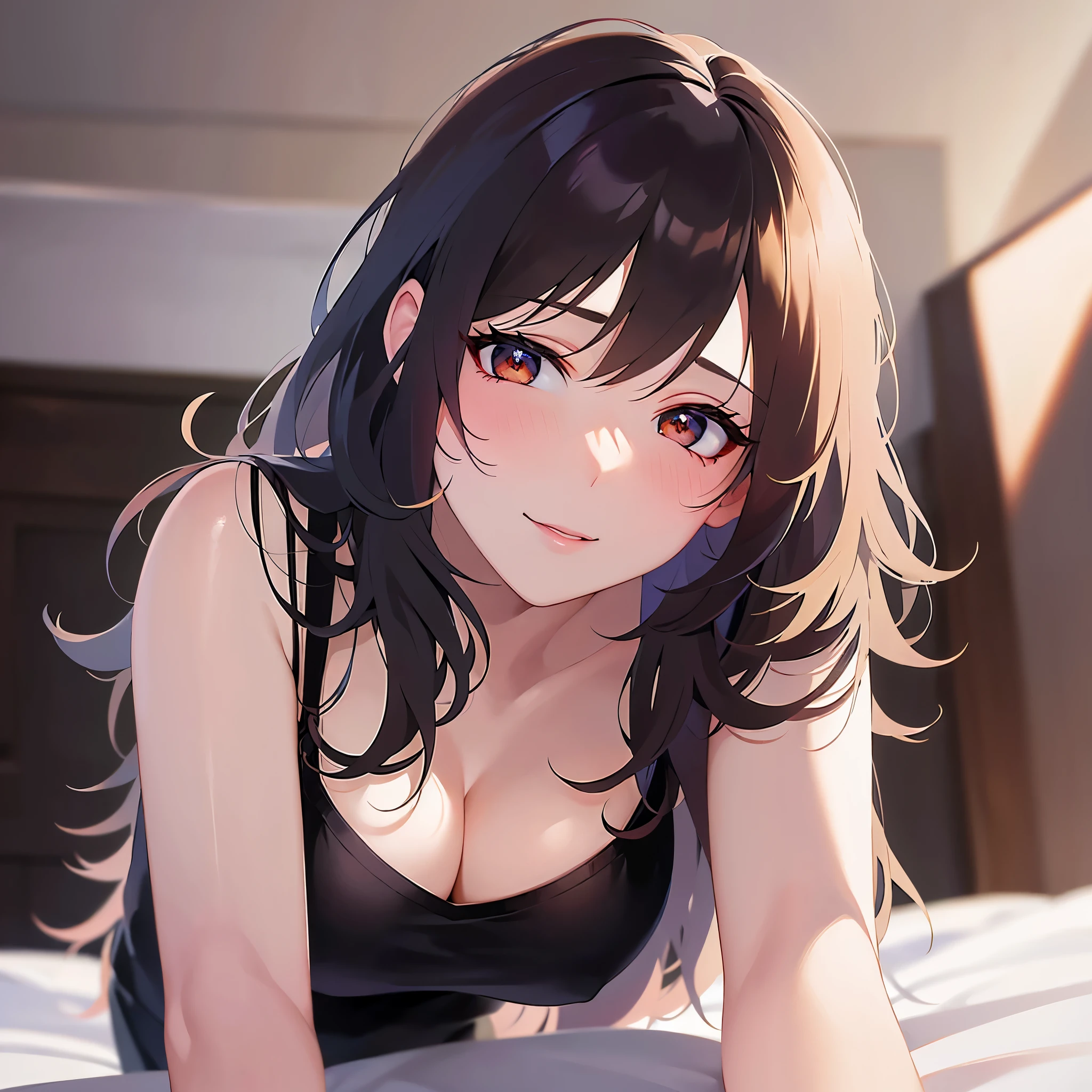 lookin at viewer, Looking up、all fours,
Realistic, real person, (pale skin: 1.2), RAW photo, photorealistic, shiny skin, shiny hair、
(A 25-year-old woman with medium-length hair and bangs) and (wavy hair) and (brown hair) and (Orange Eyes)、(black camisole)
(blush:1.5)smile,(Cleavage:1.5)、The background is the bedroom,