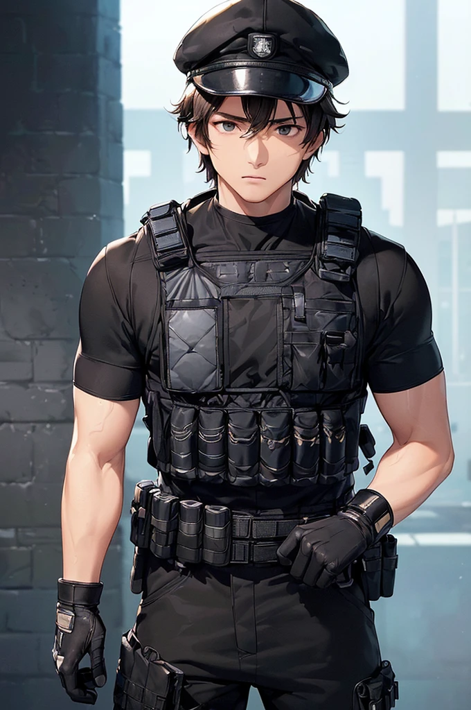 (((masterpiece; best quality: 1.2))), (finely detailed eyes: 1.3), (25 year old man), (solo), (black eyes: 1.4), (body; muscular, fit, masculine: 1.3), (short brown hair: 1.3), (beautiful and clear background: 1.2), ((depth of field)), (equipment: spec ops full black tactical combat-ready gear + kevlar vest + black gloves + black baseball cap + pouches: 1.3), (anime illustration: 1.2), (background composition; military base office: 1.1), (extremely fine and handsome: 1.1), (shot composition; standing + centered on torso + close-up: 1.5), (expression; calm, stoic: 1.2)