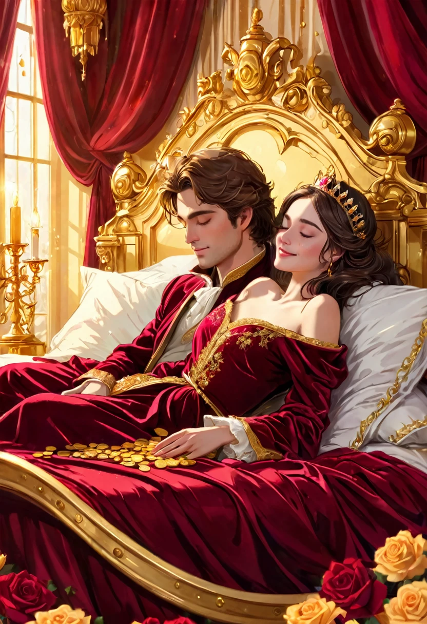 close-up, A beautiful man and beautiful princess sleeping on a gold bed, an aristocratic burgundy velvet robe, a crown, a smile, a soft canopy, piles of gold bullion and wads,, a shower of gold light, coins falling, a gorgeous room in a palace, roses,
