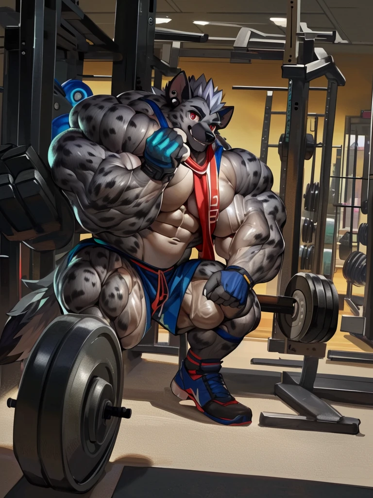 there is a man sitting on a bench in a gym, working out, in a gym, muscular!!, lifting weights, with abs, super buff and cool, muscular!, bursting with muscles, ((trending on E621, trending on Furaffinity digital media, trending on Artstation, trending on twitter , digital painting, digital media, digital paint, digital illustration, (masterpiece))) BREAK ((by vorusuarts, by kuroma, by nullghost, by raccoon21)) , BREAK ((((Full body(((hyper muscles))))))) ((((((anthro, anthrofield, (grey hyena)))))) | break | handsomeface,((((((elderlyface)))))), age_up_face , (((wildface)))))))), ((((((((charming)))))))) BREAK (((((hypermuscle:1.6| hyperpecs:1.4)))))))), (((detailed eyes,red_eyes:1.8))) | (((gray fur | finger claw | )))) | (((((((( gray hair | black eyebrow | short hair | black goatee hair | spiky_black_Ear_piercing))))))))) | BREAK (((((thick eyebrows))))) | BREAK (best quality | 8k | hi-res)) BREAK (((perfect face))) | BREAK((((((gym background))))