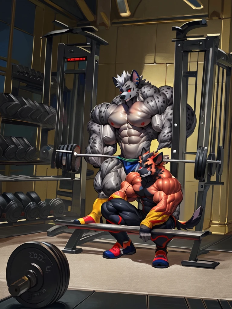 there is a man sitting on a bench in a gym, working out, in a gym, muscular!!, lifting weights, with abs, super buff and cool, muscular!, bursting with muscles, ((trending on E621, trending on Furaffinity digital media, trending on Artstation, trending on twitter , digital painting, digital media, digital paint, digital illustration, (masterpiece))) BREAK ((by vorusuarts, by kuroma, by nullghost, by raccoon21)) , BREAK ((((Full body(((hyper muscles))))))) ((((((anthro, anthrofield, (grey hyena)))))) | break | handsomeface,((((((elderlyface)))))), age_up_face , (((wildface)))))))), ((((((((charming)))))))) BREAK (((((hypermuscle:1.6| hyperpecs:1.4)))))))), (((detailed eyes,red_eyes:1.8))) | (((gray fur | finger claw | )))) | (((((((( gray hair | black eyebrow | short hair | black goatee hair | spiky_black_Ear_piercing))))))))) | BREAK (((((thick eyebrows))))) | BREAK (best quality | 8k | hi-res)) BREAK (((perfect face))) | BREAK((((((gym background))))