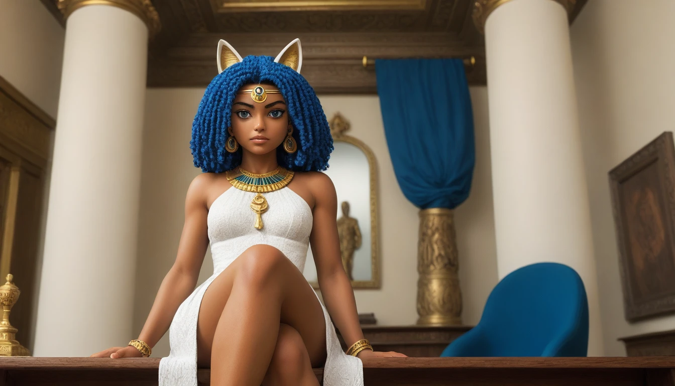 Eye, Animal Crossing Muscle, hairy, Blue Hair, Hair accessories, Yellow skin, 黑Eye, White Dress, Tail, Looking at the audience, Serious, Cross your legs, from_below, His sofa, Inside the living room, Hieroglyphics, high quality, masterpiece, 1 Girl，Cat ears，Dark skin tone，clothing，earrings，Jackal ears，Jewelry，Long hair, White Dress, Sit at your desk, She wrote a heartfelt letter, Her expression is both nostalgic and wistful, Dramatic Lighting, Detailed background, masterpiece, best quality, high quality, absurd, The award-winning, professional, Very detailed