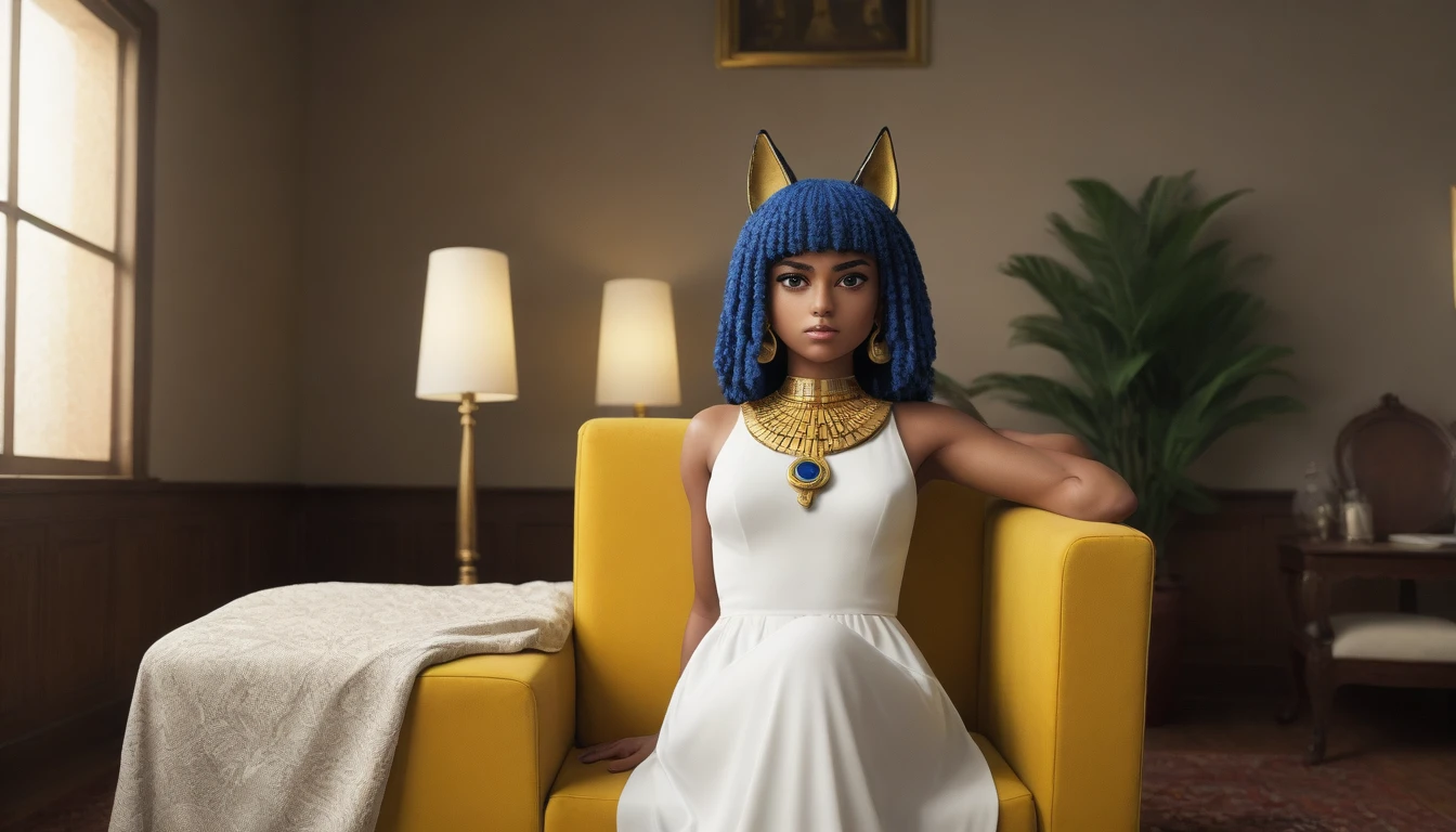 Eye, Animal Crossing Muscle, hairy, Blue Hair, Hair accessories, Yellow skin, 黑Eye, White Dress, Tail, Looking at the audience, Serious, Cross your legs, from_below, His sofa, Inside the living room, Hieroglyphics, high quality, masterpiece, 1 Girl，Cat ears，Dark skin tone，clothing，earrings，Jackal ears，Jewelry，Long hair, White Dress, Sit at your desk, She wrote a heartfelt letter, Her expression is both nostalgic and wistful, Dramatic Lighting, Detailed background, masterpiece, best quality, high quality, absurd, The award-winning, professional, Very detailed