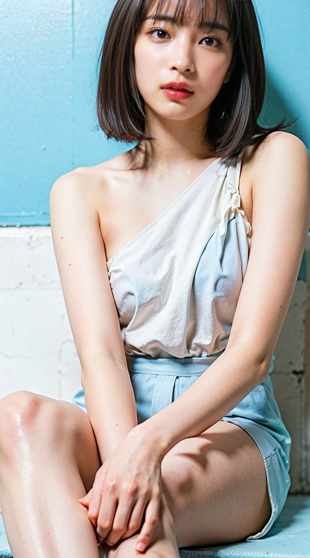 (superflat, flat shading, flat colors:1.1), (locker room), young teen, (school uniform) , slim, small breast, dark hair, ((looking over a shoulder:1.4)), white panties, (mini skirt:1.1), limited vibrant color palette, serene expressions, peaceful introspection, subtle washes of pastel colors, modern Nordic design, understated elegance, simplicity and purity, tranquil atmosphere, digital painting, ultra fine, ((no panties:1.5)), sitting, (spread legs:1.3), ((no panties:1.5)), 