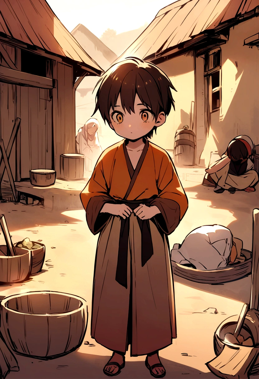 Make a starving boy in a village