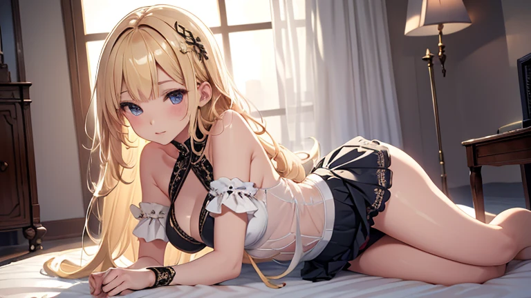 best quality，Super detailed，Perfect limbs，floor、mini skirt，Clothes with intricate details，Bright，Swimsuit，one person，blond，Sexy、Deep sleep、long hair、Stockings