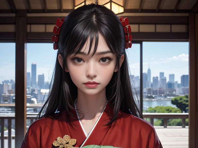 High-end kimono（Red kimono）、Staring at the audience、Edo cityscape、Long black hair, Shiny Hair,Attention to detail, high quality, Textured skin, 8K, 最high quality, High resolution、Sengoku period