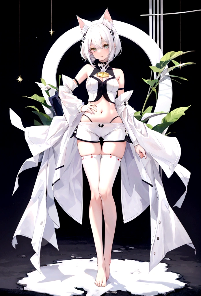 A white-haired cat-eared girl wearing a belly-baring outfit and hot pants（Super cute full body picture），Tall figure，（Perfect long legs），Perfect body proportions，barefoot，Sexy，（Ultra HD）