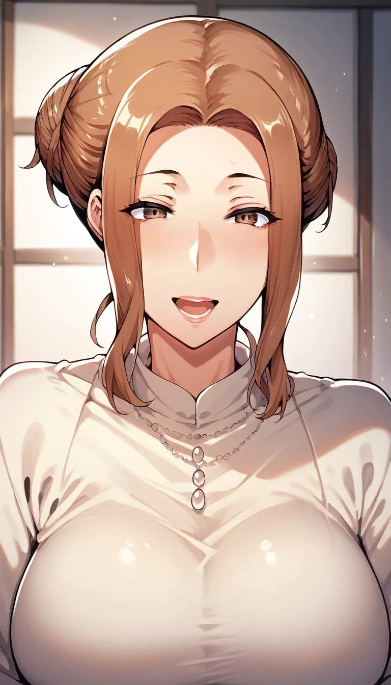 Kyouka Tachibana - Tachibana-san-chi no Dansei Jijou Matome Ban - PonyXL, 1milf, mature female, motherly, aheago, open mouth, smiling, brown hair, hair bun, (Best quality:1.5), beautiful, large breasts, sexy, erotic, lewd, cleavage, thighs, crotch, (pov, close shot, from below view), night bedroom background, naked body, nude, (Urination:1.2), detailed vagina, detailed female body, (squatting)