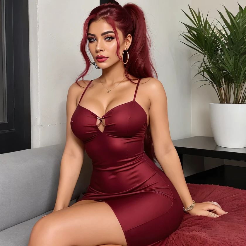 Generate an image of Marina, a 25-year-old modern Indian influencer, in a realistic setting. She is wearing a tight-fitting, sleeveless, red bodycon dress with a scoop neckline that ends above the knee, accentuating her figure with an increased bust size. Her hair is medium-length, straight with slight waves at the ends, and styled in a high ponytail with a matching red hair tie. Marina's hair color is a deep, reddish-purple hue that’s bold yet sophisticated. Her makeup is natural, featuring highlighted cheekbones, soft pink lips, and defined eyebrows. She is sitting comfortably with her legs bent and her arms resting on her thighs, exuding a relaxed and confident demeanor. Her bust is prominently featured, with a half-show effect in the neckline of the dress. She has a soft smile on her face and is wearing small hoop earrings. The overall look is stylish and sophisticated, perfect for her daily life and fashion influencer persona
