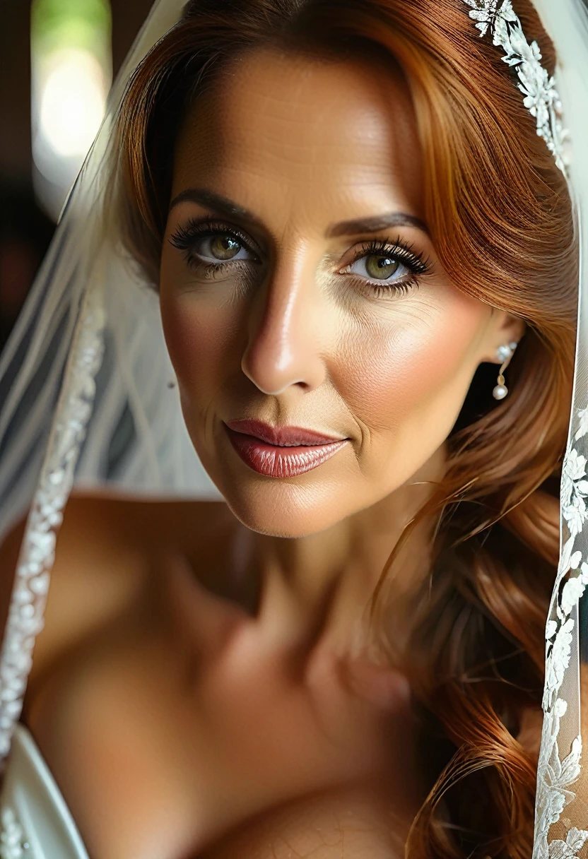 Highest quality, masterpiece, 8K, Realistic, Realistic, Natural light, beautiful Italian mature lady , 45yo,Beautiful woman staring at camera, Highly detailed face and skin texture, Very fine eye,Italian traditional wedding dress, bridal veil, church , Beautiful redhead hair, (symmetrical hair length), (Straight hair), huge saggy tits , open mouth ,pale skin ,look like Alyssa Arce