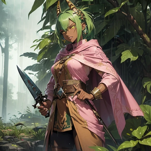 (master piece, best high quality image, very good detailed image, very good detailed character, very good detailed background, very detailed textures, carefully detailed and textures, character alone, full body)
{{((1:character: 20 years old male humanoid lizard, (dark-yellow skin, snake eyes, no nose, spiky green hair, fish ears, angry expression, combat pose, holding a two-hand warhammer, standing alone), (pink indian tunic), (jungle planet, rainy morning))}}
