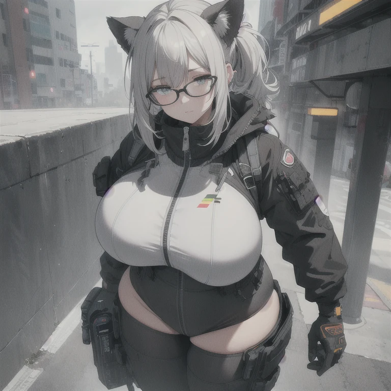 Absurd resolution,high resolution,(masterpiece: 1.4),hyper-detail,fullbody shot,head to toe,full frontal camera perspective,solo,shorter,standing,glasses,kemono feline cat futanari,nasapunk apparel,death stranding,no skin other than neck and head shown,watertight environmental suit,black hair,messy ponytail,cute face,detailed soft grey luminous eyes,huge massive hyper super swollen heavy milky breasts,breasts so big that cover her whole torso and are bigger than her head while being so big they reach her bellybutton,extremely super large swollen perky heavy bust,super huge enormously gigantic tits,gigantic breasts stretching/straining out of her outfit looking like they are about to burst out,breasts compressed squishing barely contained in outfit,inflated breasts,breast_expansion,super gigantic swollen heavy tits,wide full hips,narrower torso and shoulders,smaller torso,narrower waist,full thicc big soft thighs,thicc big full thighs,big rounded full soft butt,thicc butt,ruggedized utility styled outfit,fully insulated suit,full body outfit coverage with no skin showing or revealed,airtight/watertight zippers and seals,scifi monochrome black and grey fullbody covering protective padding rugged loose-fitted pilot utility suit with strategically placed protective padding,white watertight zipper utility cropped top for breasts support with a black strap horizontal across cleavage worn on top of suit,tactical strategic angular-patterned protective padding on hips and thighs and abdomen,practical/functional clothing,weather-proof durable clothing material,nylon clothing material,custom made clothing to fit and support large breasts,scifi padded rugged rigid high collar cropped cutout fitted techwear jacket,armored high collar,white and black triangular decals and techwear iconography on apparel and clothing,techwear gloves,ruggedized tech,ruggedized tech aesthetic,fitted utility pants,utility chaps,near future scifi,cyberpunk aesthetic,anime aesthetic,tactical aesthetic