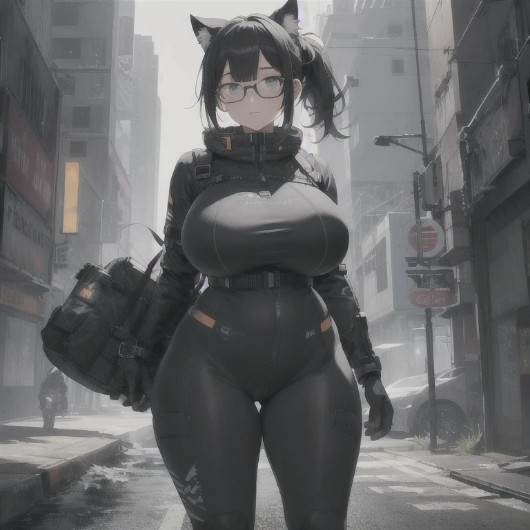 Absurd resolution,high resolution,(masterpiece: 1.4),hyper-detail,fullbody shot,head to toe,full frontal camera perspective,solo,shorter,standing,glasses,kemono feline cat futanari,nasapunk apparel,death stranding,no skin other than neck and head shown,watertight environmental suit,black hair,messy ponytail,cute face,detailed soft grey luminous eyes,huge massive hyper super swollen heavy milky breasts,breasts so big that cover her whole torso and are bigger than her head while being so big they reach her bellybutton,extremely super large swollen perky heavy bust,super huge enormously gigantic tits,gigantic breasts stretching/straining out of her outfit looking like they are about to burst out,breasts compressed squishing barely contained in outfit,inflated breasts,breast_expansion,super gigantic swollen heavy tits,wide full hips,narrower torso and shoulders,smaller torso,narrower waist,full thicc big soft thighs,thicc big full thighs,big rounded full soft butt,thicc butt,ruggedized utility styled outfit,fully insulated suit,full body outfit coverage with no skin showing or revealed,airtight/watertight zippers and seals,scifi monochrome black and grey fullbody covering protective padding rugged loose-fitted pilot utility suit with strategically placed protective padding,white watertight zipper utility cropped top for breasts support with a black strap horizontal across cleavage worn on top of suit,tactical strategic angular-patterned protective padding on hips and thighs and abdomen,practical/functional clothing,weather-proof durable clothing material,nylon clothing material,custom made clothing to fit and support large breasts,scifi padded rugged rigid high collar cropped cutout fitted techwear jacket,armored high collar,white and black triangular decals and techwear iconography on apparel and clothing,techwear gloves,ruggedized tech,ruggedized tech aesthetic,fitted utility pants,utility chaps,near future scifi,cyberpunk aesthetic,anime aesthetic,tactical aesthetic