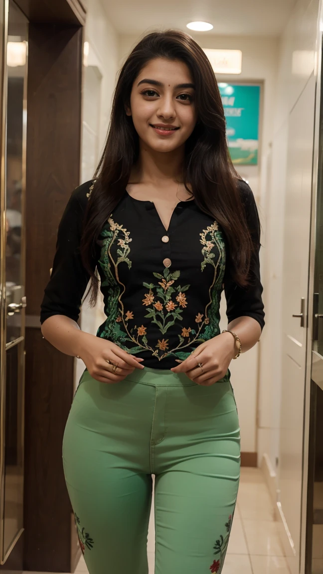 21 yo women Ananya Pandey wearing embroidery printed green kurta black jeggings body fit clothes dressing room full body (George's look)) smile perfect anatomy realistic realism ultra detailed eye ultra detailed face 8k