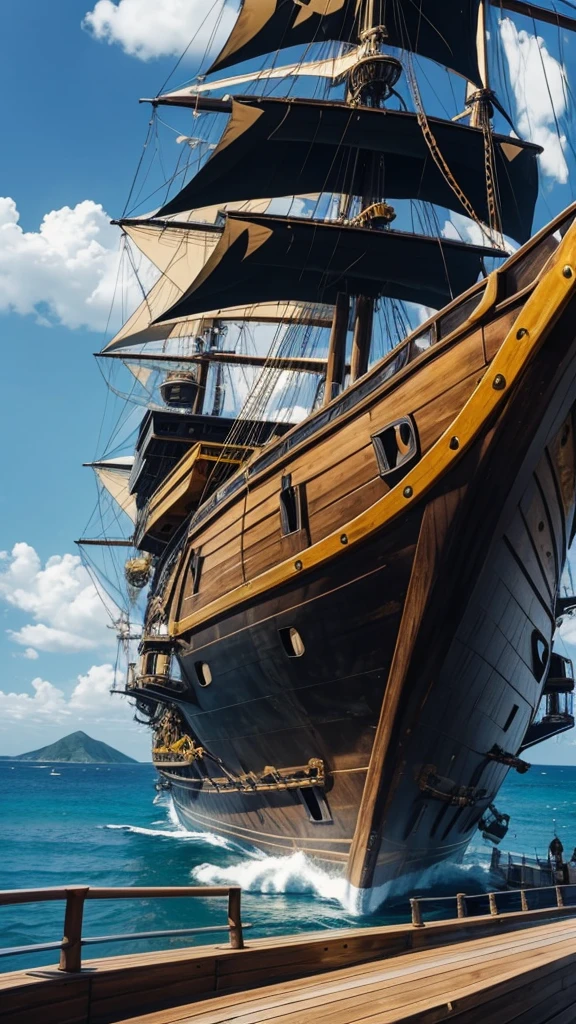 One piece anime, black and yellow pirate ship, wide view of the deck, using for a background picture,