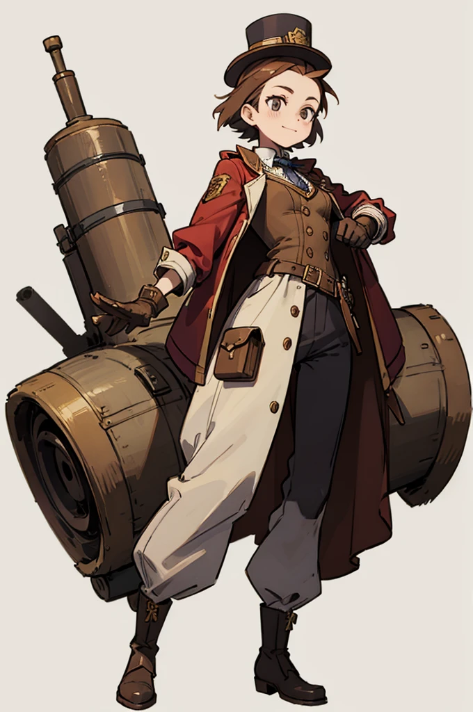 1.steampunk,15 years old,Goggles on the forehead,hat,A fake smile,gloves,whole body,boots,pants,White background, woman