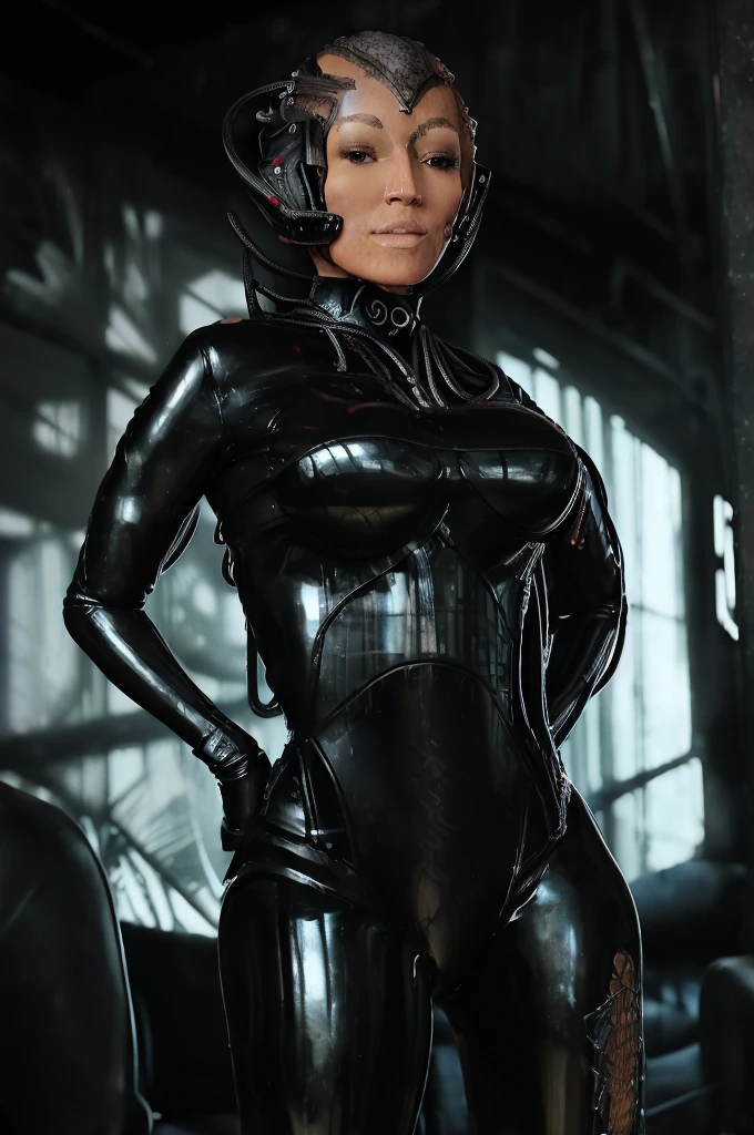 (tawny newsome:1.2), (black skin:1.2), (liquid metal girl full body
 sttldunf uniform:1.2), (Liquid Metal sttldunf uniform:1.2) being assimilated by  Borg, robotic, 
ballgag, leather catsuit, belt, lying, prisoner, (best quality,4k,8k,highres,masterpiece:1.2),ultra-detailed,(realistic,photorealistic,photo-realistic:1.37),dark moody lighting,dramatic chiaroscuro,cinematic, (portrait:1.2)