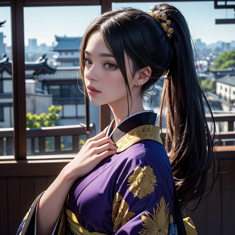 High-end kimono（Black kimono(Exquisite golden embroidery,Purple Band)）、Strange Eyes、Staring at the audience、Out of the window　blue sky　Kyoto cityscape、ponytail, Shiny Hair, debtull body, Pupil mismatch, Hyper-realism, Verism, realism, Depth of written boundary, Cinema Lighting, Wide Shot, debt/16, んdebtdebt, Attention to detail, high quality, Textured skin, 8K, 最high quality, High resolution