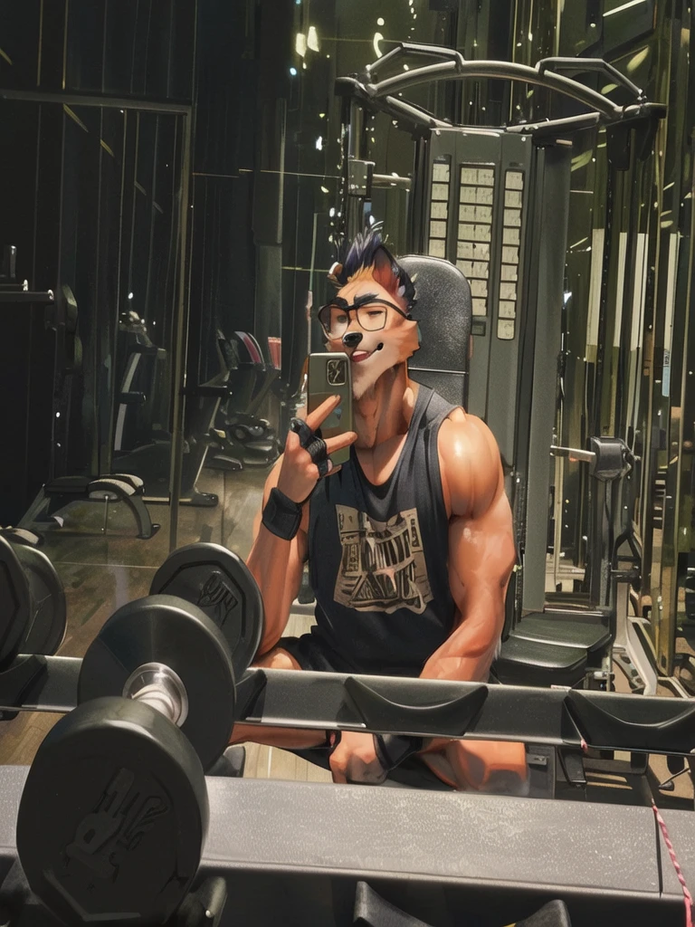 there is a man sitting on a bench in a gym, working out, in a gym, muscular!!, lifting weights, with abs, super buff and cool, muscular!, bursting with muscles, ((trending on E621, trending on Furaffinity digital media, trending on Artstation, trending on twitter , digital painting, digital media, digital paint, digital illustration, (masterpiece))) BREAK ((by vorusuarts, by kuroma, by nullghost, by raccoon21)) , BREAK ((((Full body(((hyper muscles))))))) ((((((anthro, anthrofield, (grey hyena)))))) | break | handsomeface,((((((elderlyface)))))), age_up_face , (((wildface)))))))), ((((((((charming)))))))) BREAK (((((hypermuscle:1.6| hyperpecs:1.4)))))))), (((detailed eyes,red_eyes:1.8))) | (((gray fur | finger claw | )))) | (((((((( gray hair | black eyebrow | short hair | black goatee hair | spiky_black_Ear_piercing))))))))) | BREAK (((((thick eyebrows))))) | BREAK (best quality | 8k | hi-res)) BREAK (((perfect face))) | BREAK((((((gym background))))  