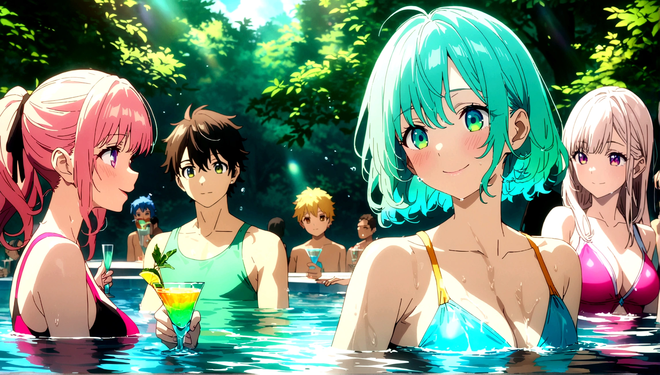 a group of boys and girls cheers at a poolside party, jog of juice, glass of cocktail, smile, long eyelashes, colorful swimsuits, splashing water, vibrant colors, warm sunlight, reflections in water, lush greenery, (best quality,4k,8k,highres,masterpiece:1.2),ultra-detailed,portraits,vivid colors,HDR,studio lighting,anime screencap,