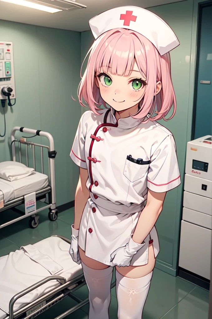 1boy, solo, male focus, nurse, white nurse cap, white nurse uniform, ((white legwear, zettai ryouiki)), white gloves, blunt bangs, pink hair, green eyes, drooping eyes, smile, standing, ((hospital room)), sharp outline, short sleeves, shota, 12 years old, best quality, masterpiece