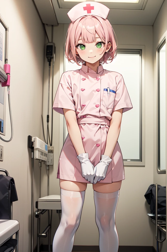 1boy, solo, male focus, nurse, white nurse cap, white nurse uniform, ((white legwear, zettai ryouiki)), white gloves, blunt bangs, pink hair, green eyes, drooping eyes, smile, standing, ((hospital room)), sharp outline, short sleeves, shota, , best quality, masterpiece