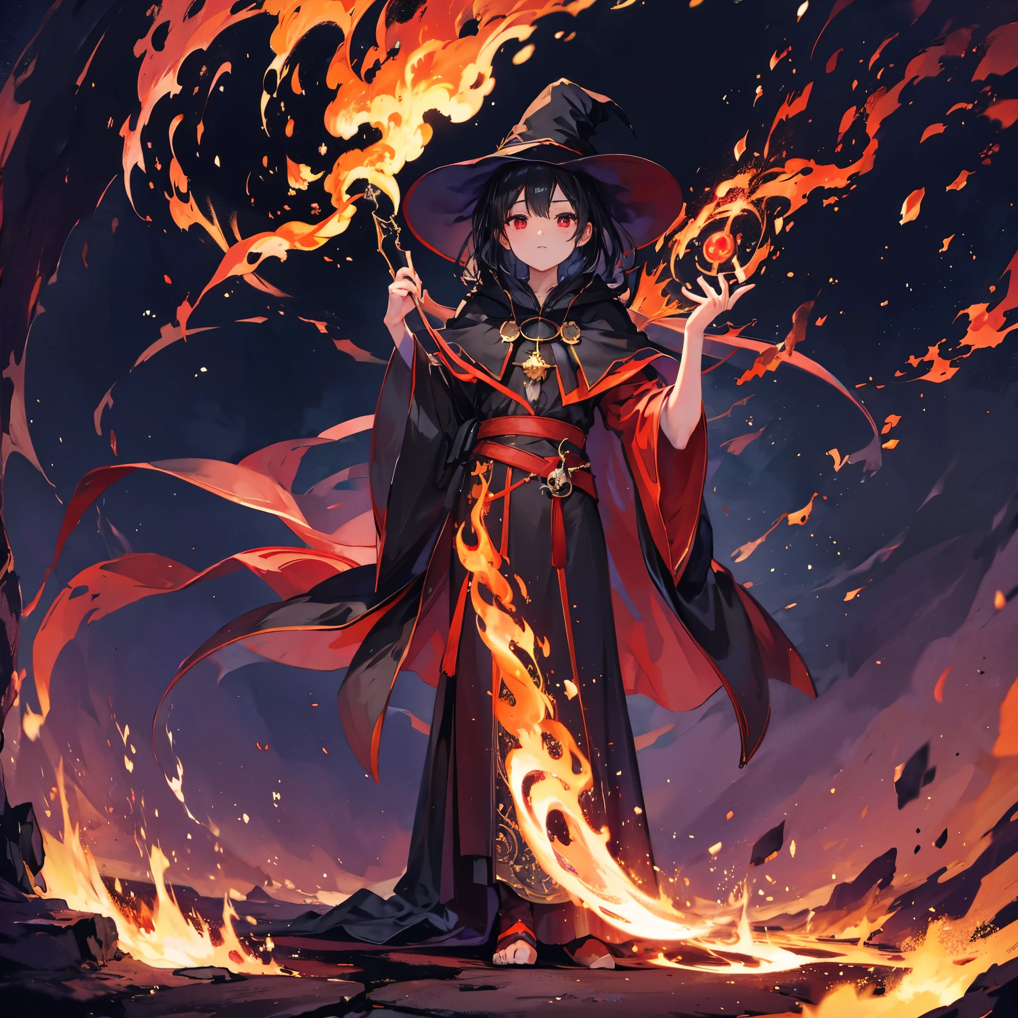 ((((witch))))　(((wand of flame　grimoire　Stand on a magic circle)))　((Black Hair　witchの帽子　Red eyes　Looking down))　((explosion　fire　beam))　(Magic Robe　Black Hole)　incantation　Runes　Shining Background　Shining Edge