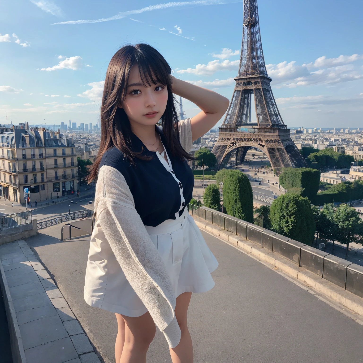 Travel abroad ,woman,Selfie,looking at the camera,Paris cityscape,Eiffel Tower,Highest quality, shape, Very detailed, In detail, High resolution, 8k wallpaper,Full Body Shot