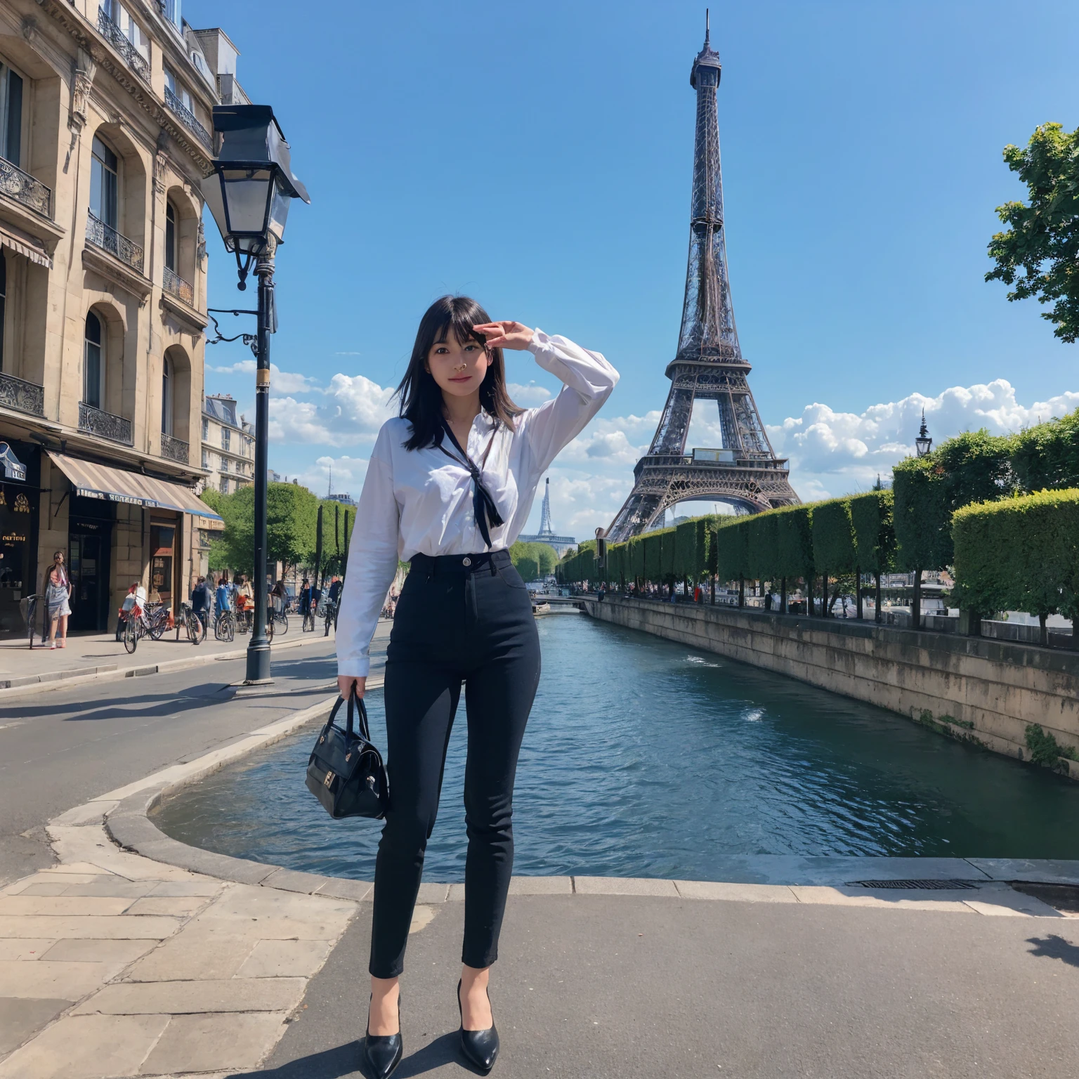 Travel abroad ,woman,Selfie,looking at the camera,Paris cityscape,Eiffel Tower,Highest quality, shape, Very detailed, In detail, High resolution, 8k wallpaper,Full Body Shot