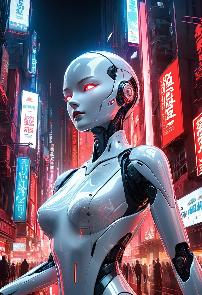 The story depicts an android in the future.Androids are like androids made from mannequins. The whole body is organic and white translucent. The head and face are just like a mannequin, with no emotion whatsoever. The translucent body emits a clear red neon light. Many beautiful mechanisms can be seen from the body. The android starts running dynamically. Night futuristic city background. Red and monochromatic background. Ultra high quality, ultra high resolution (Masterpiece, best quality, 16k:1.5). Ultra detail, Cinema lighting, ultra-fine painting, Professional photography,