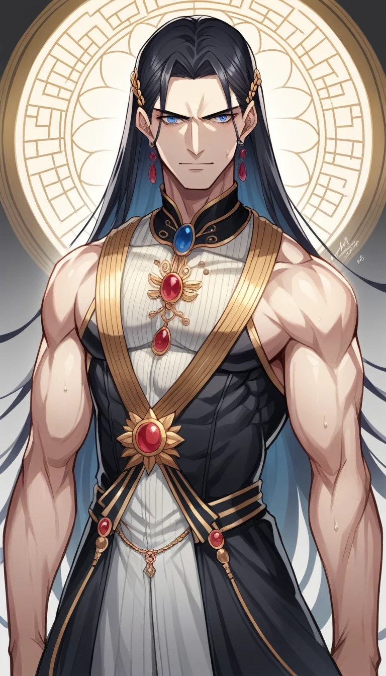 A photorealistic 8k image of Semiramis, a legendary queen known for her astonishing beauty and power. Semiramis is depicted with black hair and striking blue eyes, dressed in elegant ancient attire. She is in an opulent royal chamber, surrounded by luxurious decor and rich fabrics. The atmosphere exudes confidence and allure. Several men, visibly captivated and enchanted by her beauty, are seen around her, with expressions of admiration and fascination. The scene subtly hints at the fate of these men, who are doomed to be executed by the next morning. The image is filled with intricate details, creating a sense of realism and intensity.