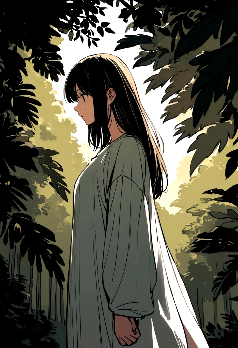 Normal straight-haired girl in home clothes walking through a forest, Profile