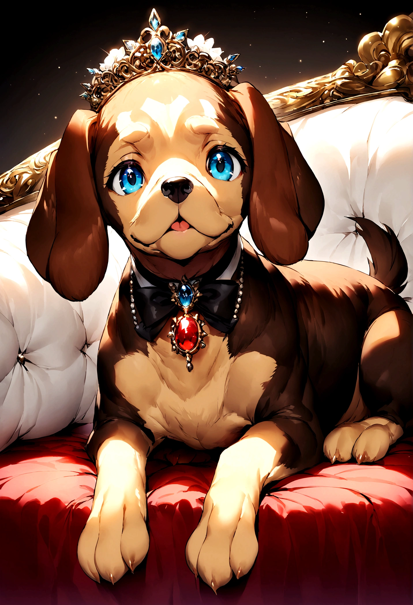Miniature Dachshund,Sit on the sofa,looking at the camera,Cream,Large ears
