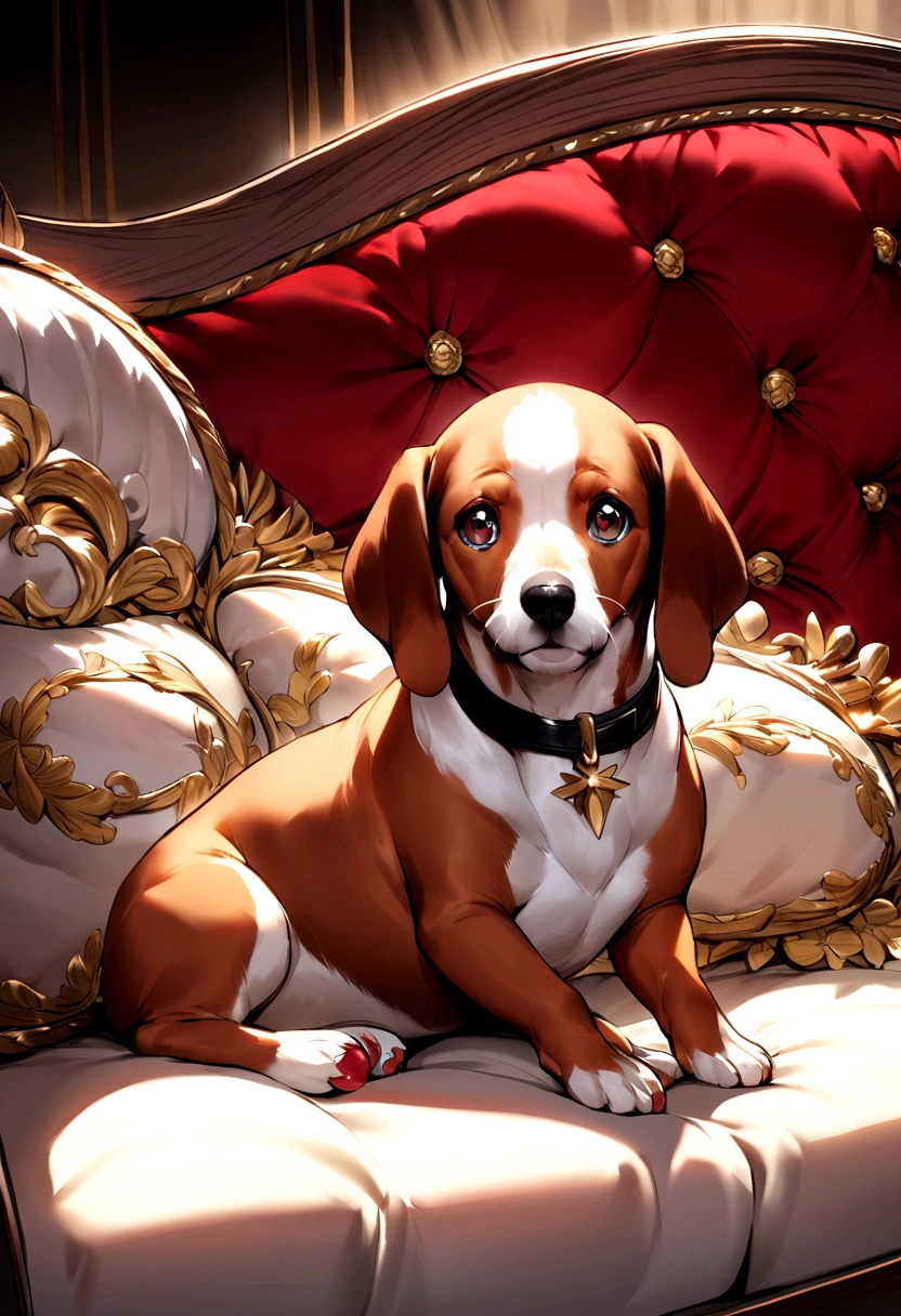 Miniature Dachshund,Sit on the sofa,looking at the camera,Cream,Large ears