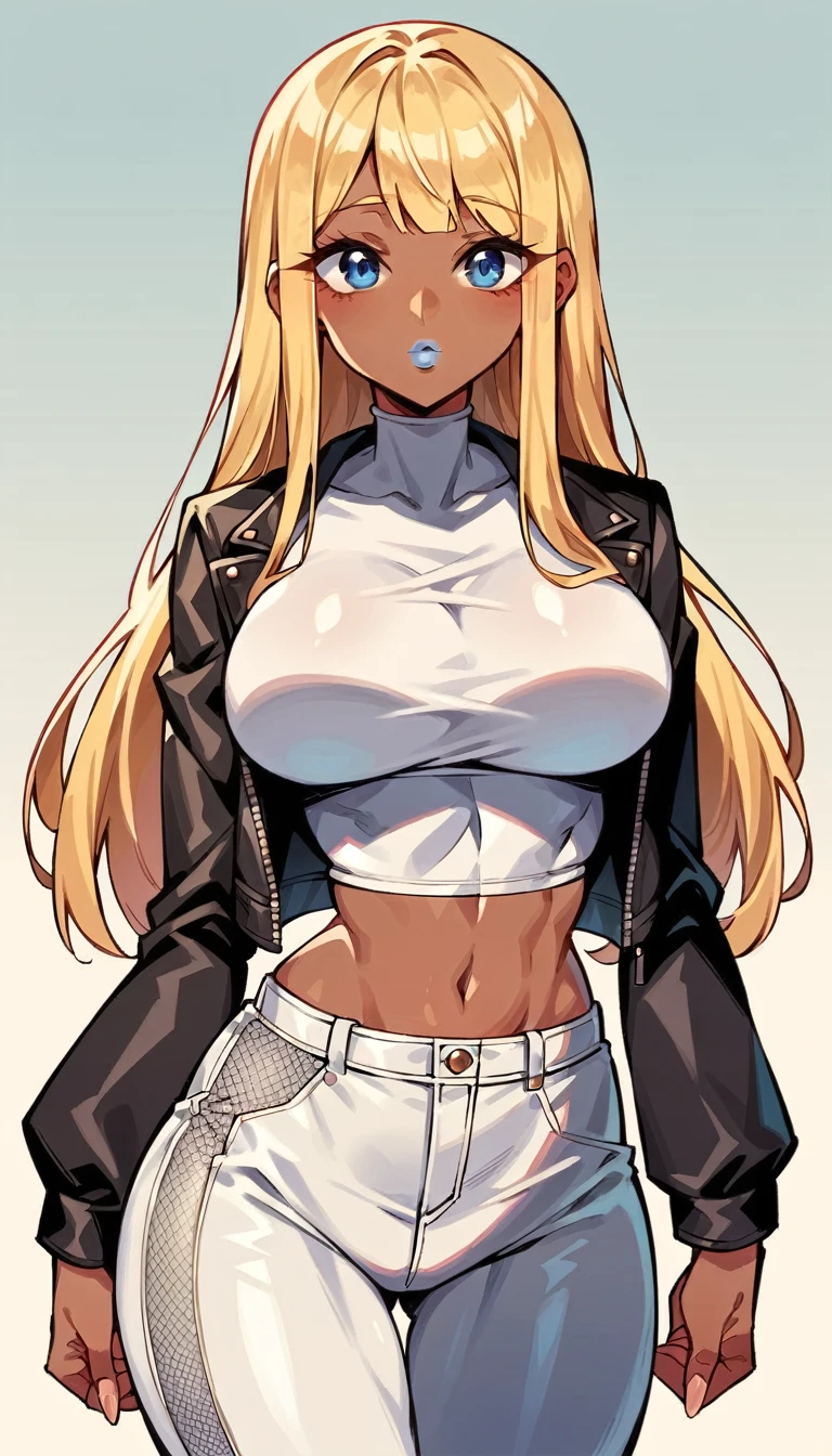 minamifuyuki, young thick woman, big hips, small waist, small midsection, big breasts, dark skin, long blonde hair, sidelocks, front bangs, blue eyes, hot pink lips, white lace button-down top tucked in, metallic iridescent pants, long black pvc jacket, cute sexy, sexy cute, slim, thicc