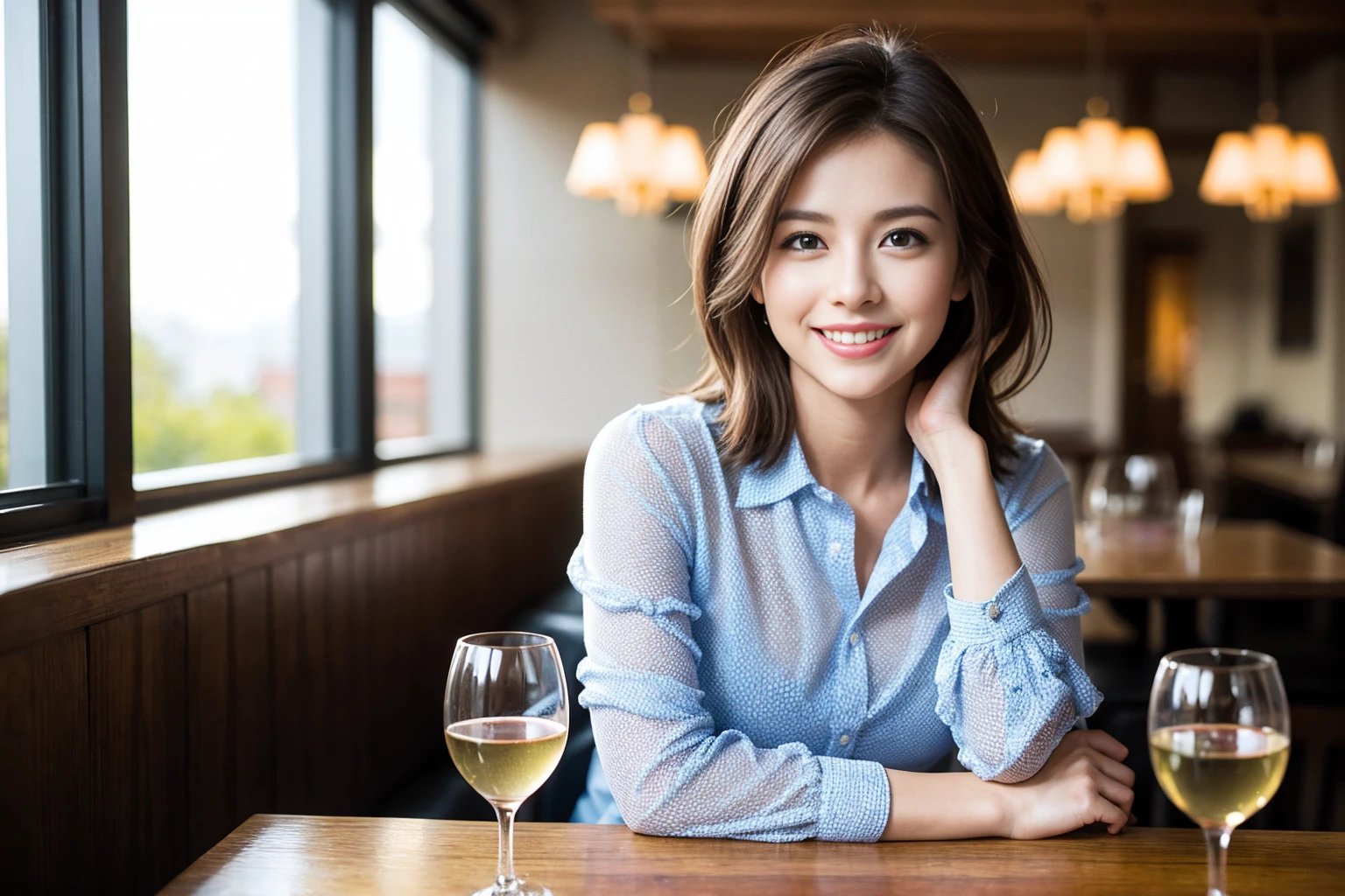 ((Highest quality、8K、masterpiece:1.3))、cute、slimカップル、modelカップル、(Realistic, Intricate details:1.2), full-course dinner、Wine Party、Amazing view of the sunset sky and clouds、A bright smile、The wonderfulness of smile、Bright image、The beauty of wine, Beautiful Face, blue eyes, The light shines on your face, Blushing, short hair,Bright Face、 (Age 37), 39 years old, red wine 、Appetizers、Italian food、Wine bottle、Champagne、sparkling wine、Two beauties、Brown Hair、Shortcuts、Long sleeve shirt、dress、Beautiful woman 1, (slimな顔), (The body is slim), (Brown Hair), (Shortcuts), cheeks turn a little red,Attractive beauty、restaurant, In a prominent place (From the waist up) Nova Frog Style, actress, model, Upper Body, White wine, slim, wine glass, 中央に置かれたwine glass, smile, (smile: 1.15), Beautiful fine grain, Depth f/2,saturation, High Contrast, Strong light and shadow,Moist Body:1.5、3D texture、Delicate eyes、Brown Hair、The hair is very shiny、