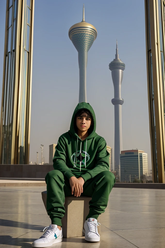 Text recording with camera
A 15-year-old boy with green eyes and golden skin wearing a Lash hoodie and All-Star shoes, with the Milad Tower in Tehran behind him.