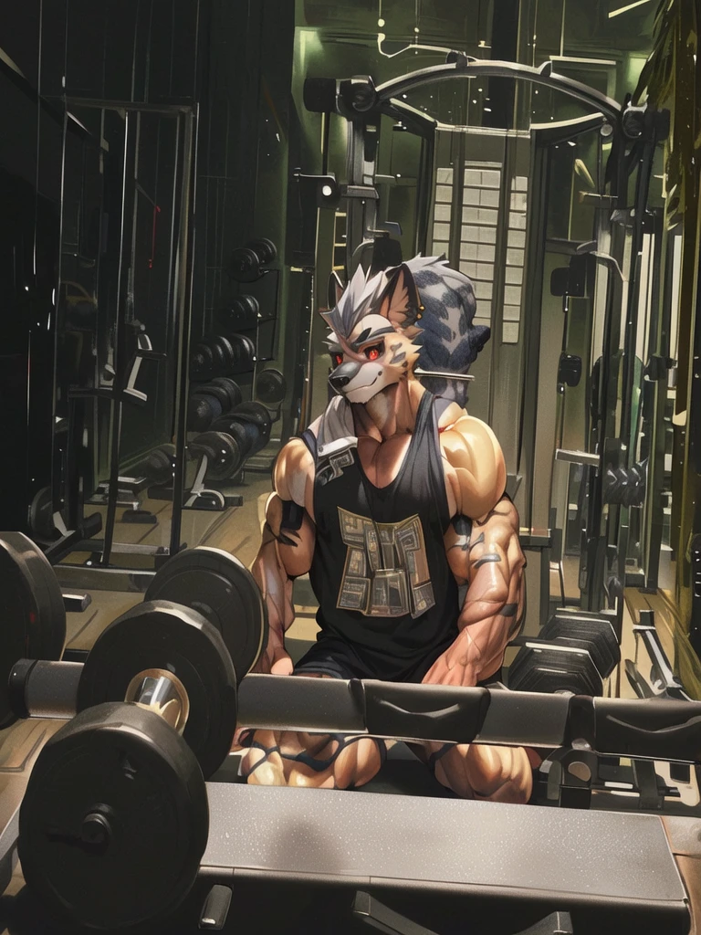 there is a man sitting on a bench in a gym, working out, in a gym, muscular!!, lifting weights, with abs, super buff and cool, muscular!, bursting with muscles, ((trending on E621, trending on Furaffinity digital media, trending on Artstation, trending on twitter , digital painting, digital media, digital paint, digital illustration, (masterpiece))) BREAK ((by vorusuarts, by kuroma, by nullghost, by raccoon21)) , BREAK ((((Full body(((hyper muscles))))))) ((((((anthro, anthrofield, (grey hyena)))))) | break | handsomeface,((((((elderlyface)))))), age_up_face , (((wildface)))))))), ((((((((charming)))))))) BREAK (((((hypermuscle:1.6| hyperpecs:1.4)))))))), (((detailed eyes,red_eyes:1.8))) | (((gray fur | finger claw | )))) | (((((((( gray hair | black eyebrow | short hair | black goatee hair | spiky_black_Ear_piercing))))))))) | BREAK (((((thick eyebrows))))) | BREAK (best quality | 8k | hi-res)) BREAK (((perfect face))) | BREAK((((((gym background))))  