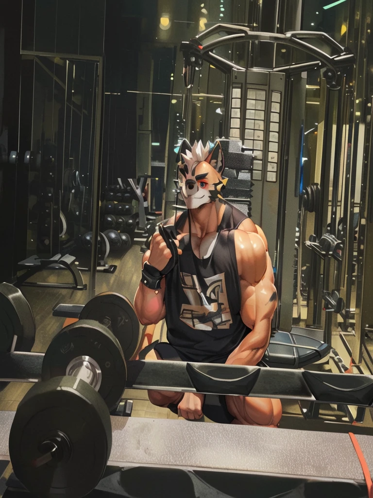 there is a man sitting on a bench in a gym, working out, in a gym, muscular!!, lifting weights, with abs, super buff and cool, muscular!, bursting with muscles, ((trending on E621, trending on Furaffinity digital media, trending on Artstation, trending on twitter , digital painting, digital media, digital paint, digital illustration, (masterpiece))) BREAK ((by vorusuarts, by kuroma, by nullghost, by raccoon21)) , BREAK ((((Full body(((hyper muscles))))))) ((((((anthro, anthrofield, (grey hyena)))))) | break | handsomeface,((((((elderlyface)))))), age_up_face , (((wildface)))))))), ((((((((charming)))))))) BREAK (((((hypermuscle:1.6| hyperpecs:1.4)))))))), (((detailed eyes,red_eyes:1.8))) | (((gray fur | finger claw | )))) | (((((((( gray hair | black eyebrow | short hair | black goatee hair | spiky_black_Ear_piercing))))))))) | BREAK (((((thick eyebrows))))) | BREAK (best quality | 8k | hi-res)) BREAK (((perfect face))) | BREAK((((((gym background))))