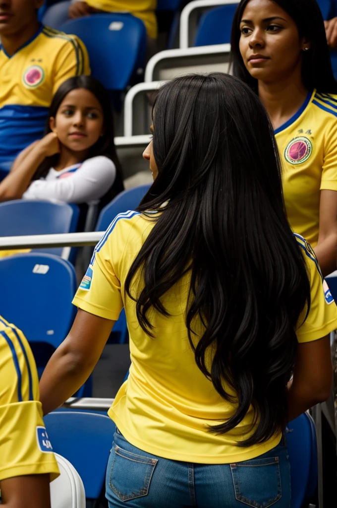 Woman turning her back with dark skin watching the Colombia national team match and having the Colombia shirt with the last name Jelly