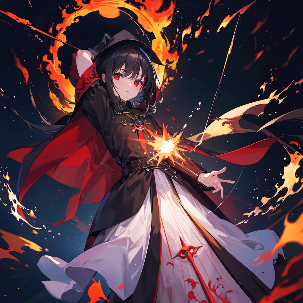 ((((witch))))　(((wand of flame　grimoire　Guillotine　Crucifixion)))　((Black Hair　witchの帽子　Red eyes　Looking down))　((explosion　fire))　(Magic Robe　Black Hole)　incantation　Runes　Shining Background　Shining Edge