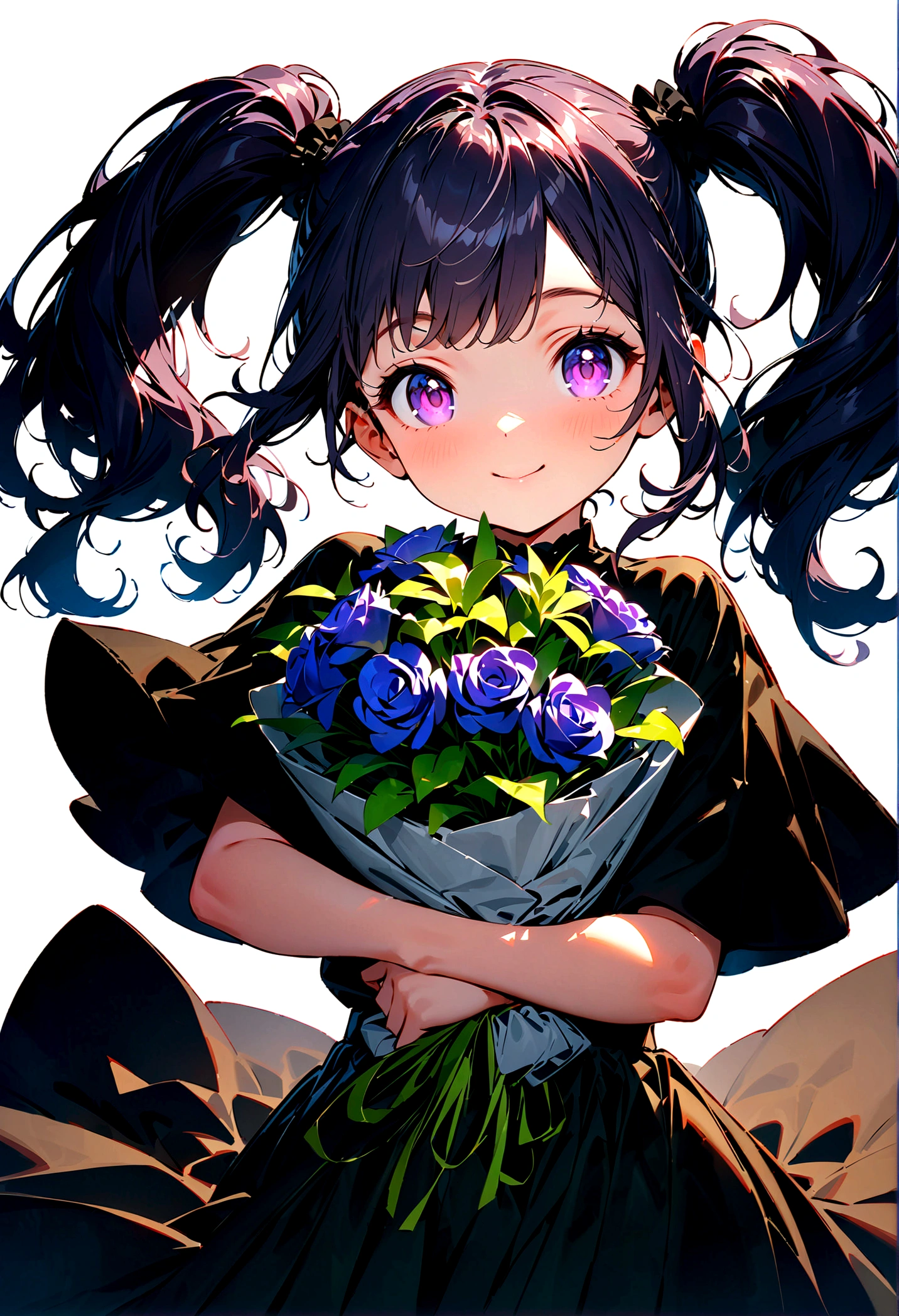 whole body, (female): 1girl, (solo), (perfect face), (detailed outfit), (), (holding a bouquet), beautiful female, smile (happy), violet hair, long hair, twintails hair, violet eyes, (open tuck,,), (white background), (masterpiece:1.4), (best quality), (highres) (sharp focus),