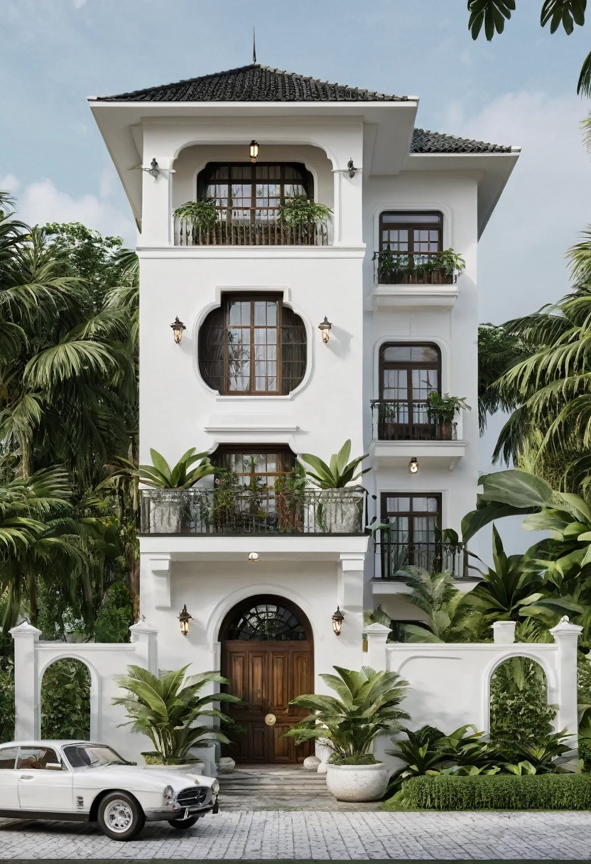 Render a 8-story Indochine-style villa condotel in a serene setting. The villa's exterior is painted in a simple, elegant white, with traditional Indochine architectural elements such as arched windows, wooden shutters, and decorative railings. The roof features a two-sided sloping design similar to the houses in Hoi An, with the slopes running front to back, contrasting beautifully with the white walls. Lush greenery surrounds the villa, with a well-manicured garden featuring tropical plants and a cobblestone pathway leading to the entrance. The front porch has classic wooden furniture and lanterns, evoking a sense of timeless elegance. The lighting highlights the villa's sophisticated design and harmonious blend of traditional and modern elements.

8k resolution, UHD, high-quality detail, Indochine style, white exterior, arched windows, wooden shutters, decorative railings, two-sided sloping roof, Hoi An style, lush greenery, manicured garden, cobblestone pathway, classic wooden furniture, lanterns, harmonious blend of traditional and modern elements, sophisticated design, serene setting, attracted lighting, real sunlight
